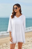 White VNeck Ties Elbow Sleeves Leisure Cover Up