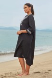 Black Floral Scoop Neck Long Sleeves Beach Dress