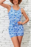 Sky Blue Floral Scoop Neck Wide Straps Button Belt OnePiece Swimsuit