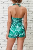 Green Floral Halter Strap Sweetheart Neck Ruching Tummy Control OnePiece Swimsuit