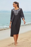 Black Floral Scoop Neck Long Sleeves Beach Dress