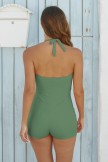 Green Halter Strap Sweetheart Neck Ruching Tummy Control Casual OnePiece Swimsuit