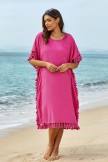 Solid Red Scoop Neck Tassel Edge Batwing Sleeve Loose Beach Dress