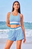 Blue Checkered Racerback Sporty Bikini Top with Boy Short Set