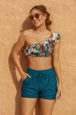 Coffee Floral Print One Shoulder Crop High Waist Bikini Top And Blue HighWaist Boy Shorts