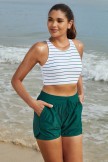 Green Stripe Square Neck Wide Straps Crossback Sporty Bikini Top And Floral HighWaist Boy Shorts Set