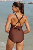 Red Brown Vneck Twist Front Mesh Patchwork OnePiece Swimsuit