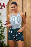 Striped Scoop Neck Racer Back Tankini Top And Floral HighWaist Boy Short