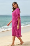 Solid Red Scoop Neck Tassel Edge Batwing Sleeve Loose Beach Dress