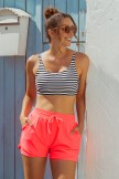 Stripes Square Neck Wide Straps Sporty Bikini Top And Red HighWaist Boy Shorts