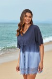 Blue VNeck Lace Hem Drawstring Tie Beach Dress with Sleeves