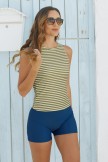 High Neck Stripes Wide Strap Comfort Style Tankini Top and Boy Shorts