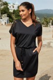 Solid Black V Neck Lace Drawstring waistband Beach Dress