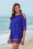 Blue Scoop Neck OffShoulder Lace Edge Beach Dress