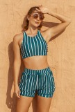 Green Striped Scoop Neck Sporty Bikini Top With HighWaisted Boy Legs