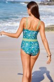 Green Floral Square Neck OnePiece Swimsuit with Contrast Trim