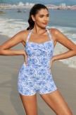 Light Blue Floral Print Halter Strap Sweetheart Neck Ruching Tummy Control Casual OnePiece Swimsuit