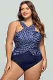 High Neck Blue And White Dot OnePiece Swimsuit