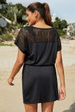 Solid Black V Neck Lace Drawstring waistband Beach Dress