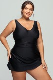 Solid Black V Neck Wide Straps Swimdress