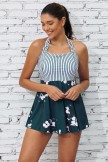 White &  Green Colorblock Stripe Halter Straps Sweetheart Neck Casual Swimdress