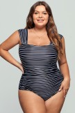 Striped Wide Straps Off Shoulder OnePiece Swimsuit