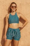 Green Striped Scoop Neck Sporty Bikini Top With HighWaisted Boy Legs