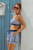 Blue Stripes Square Neck Wide Straps Sporty Bikini Top And HighWaist Boy Shorts