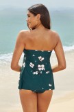 Dark Green Floral Strapless Bandeau Twist Front Long Tie Tankini Set