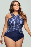 High Neck Blue And White Dot OnePiece Swimsuit