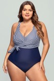 Striped V Neck Wrap Backless OnePiece Swimsuit
