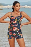 Dark Green Floral Sweetheart Neck Adjustable Straps Ruching Front OnePiece Swimsuit