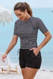Black Stripe Round Neck Short Sleeves Zipper Back Side Drawstring Tankini Top And HighWaisted Boy Shorts Set