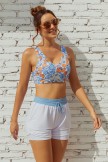 Floral Square Neck Wide Straps Sporty Bikini Top And White HighWaist Boy Shorts