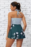 White &  Green Colorblock Stripe Halter Straps Sweetheart Neck Casual Swimdress