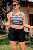 Black Striped Scoop Neck Timeless Plus Size Bikini Top with Boy Short Set