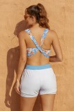 Floral Square Neck Wide Straps Sporty Bikini Top And White HighWaist Boy Shorts