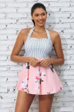 White &  Pink Colorblock Stripe Halter Straps Sweetheart Neck Casual Swimdress