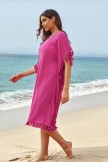 Solid Red Scoop Neck Tassel Edge Batwing Sleeve Loose Beach Dress