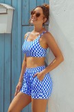 Blue & White Square Lattice Square Neck Wide Straps Sporty Bikini Top And HighWaist Boy Shorts