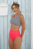 Striped Scoop Neck Crossback Active Bikini Top And Red HighWaist Bottom