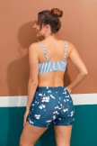 Stripes Square Neck Wide Straps Sporty Bikini Top And Floral HighWaist Boy Shorts