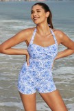 Light Blue Floral Print Halter Strap Sweetheart Neck Ruching Tummy Control Casual OnePiece Swimsuit