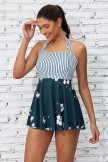 White &  Green Colorblock Stripe Halter Straps Sweetheart Neck Casual Swimdress