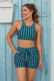 Green Striped Scoop Neck Sporty Bikini Top With HighWaisted Boy Legs