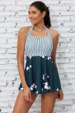 White &  Green Colorblock Stripe Halter Straps Sweetheart Neck Casual Swimdress