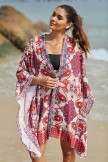 Red Geometric Patterns Cardigan Batwing Sleeves Boho Style Loose Cover Up