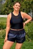 Black Mesh Neck Racerback Vintage Plus Size Bikini Top With Boy Short Set