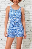 Sky Blue Floral Scoop Neck Wide Straps Button Belt OnePiece Swimsuit