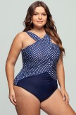 High Neck Blue And White Dot OnePiece Swimsuit